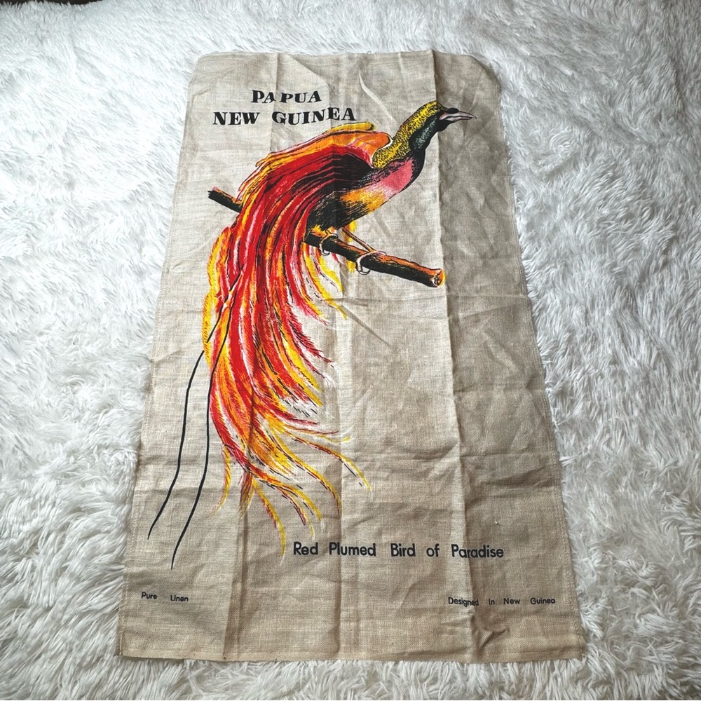 Vintage Papua New Guinea Red Plumed Bird Of Paradise Pure Linen Dishtowel